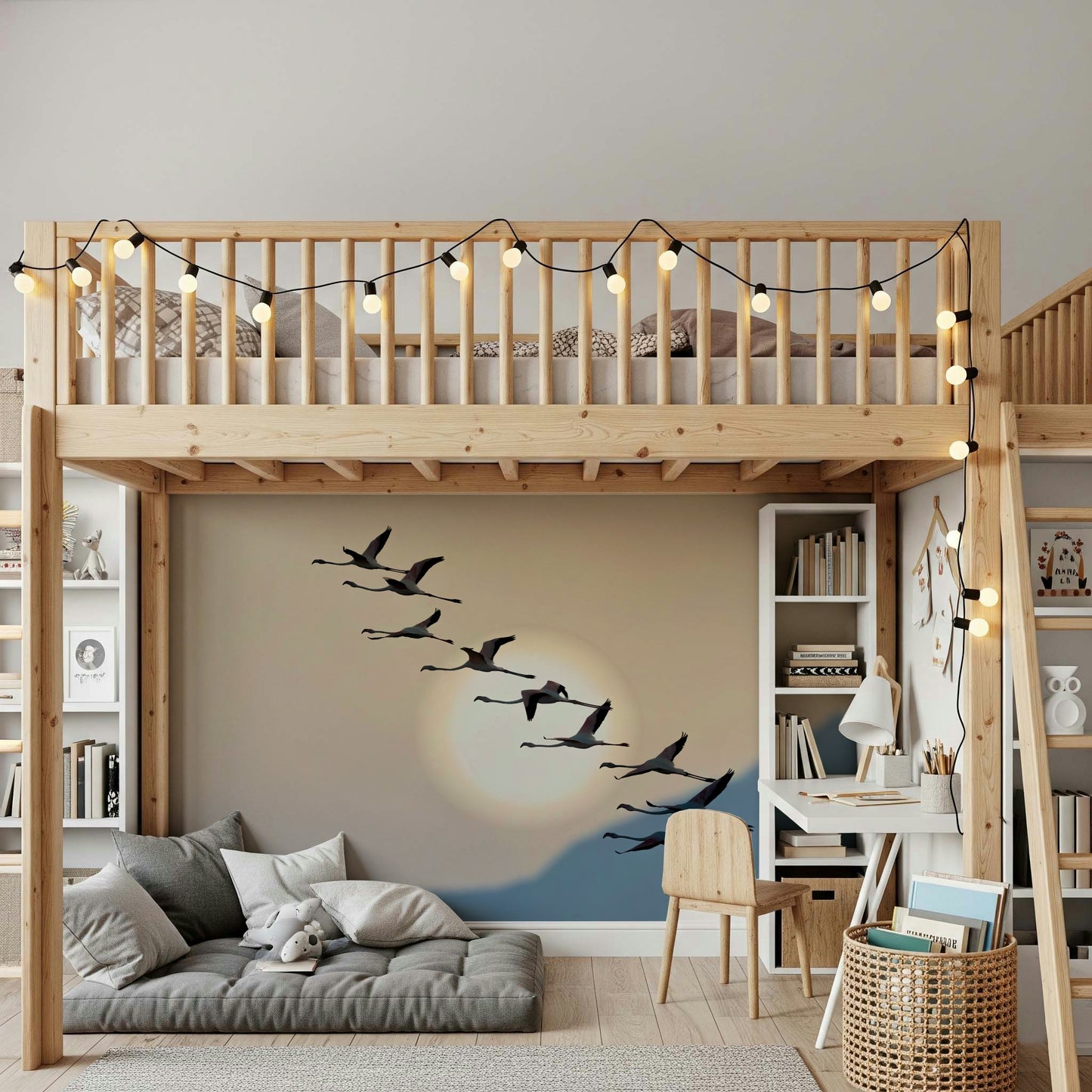 Wall mural with flamingos flying gracefully under a glowing evening sky.