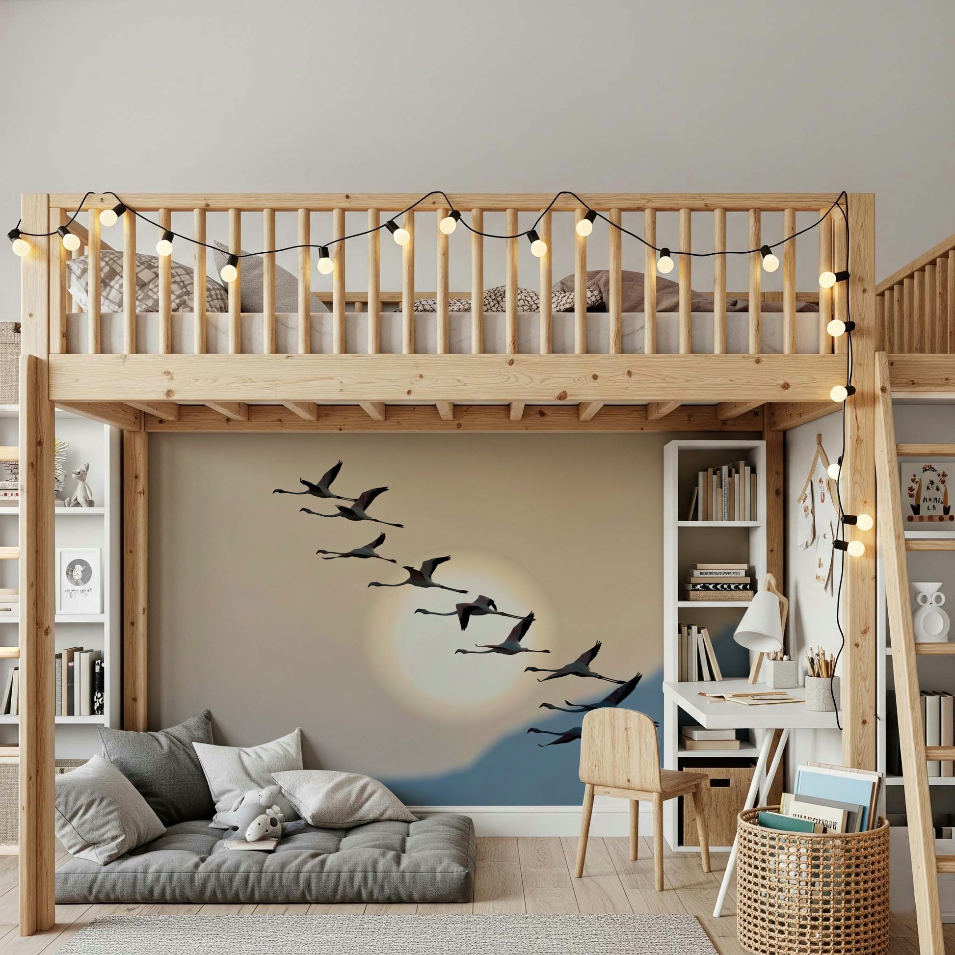 Wall mural with flamingos flying gracefully under a glowing evening sky.