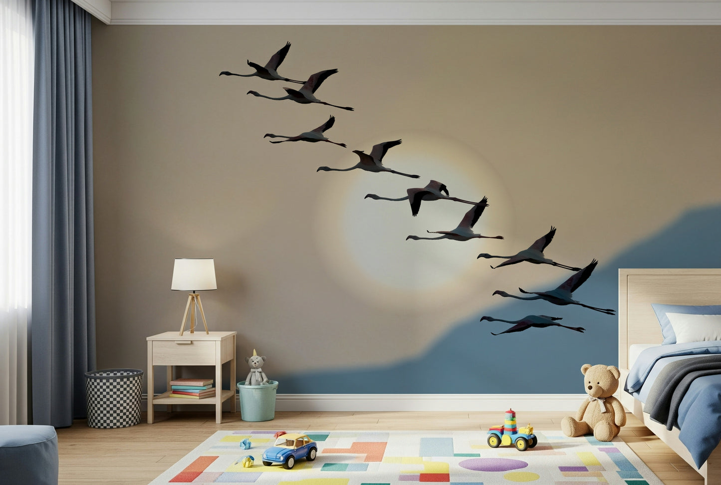 Flamingo Flight at Dusk Wall Mural — tranquil scene with flamingos soaring through soft sunset hues.