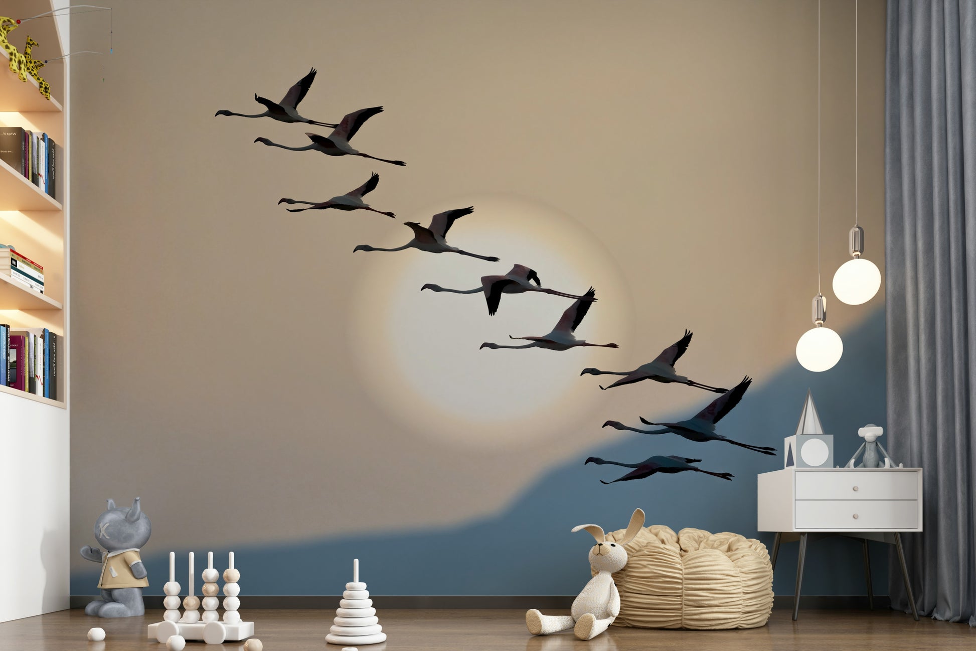 Wall mural depicting flamingos flying over calm waters at dusk with pastel skies.