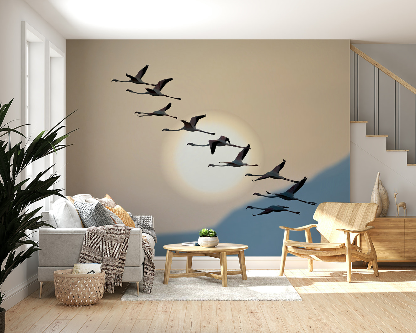 Decorative wall mural showcasing flamingos in mid-flight against a dusky, pastel-toned horizon.