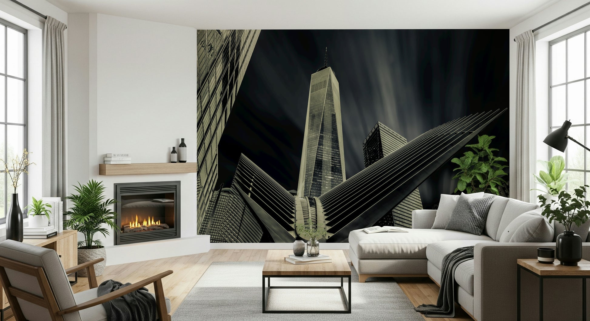 Urban wallpaper showcasing dramatic NYC skyscrapers and modern architectural forms.