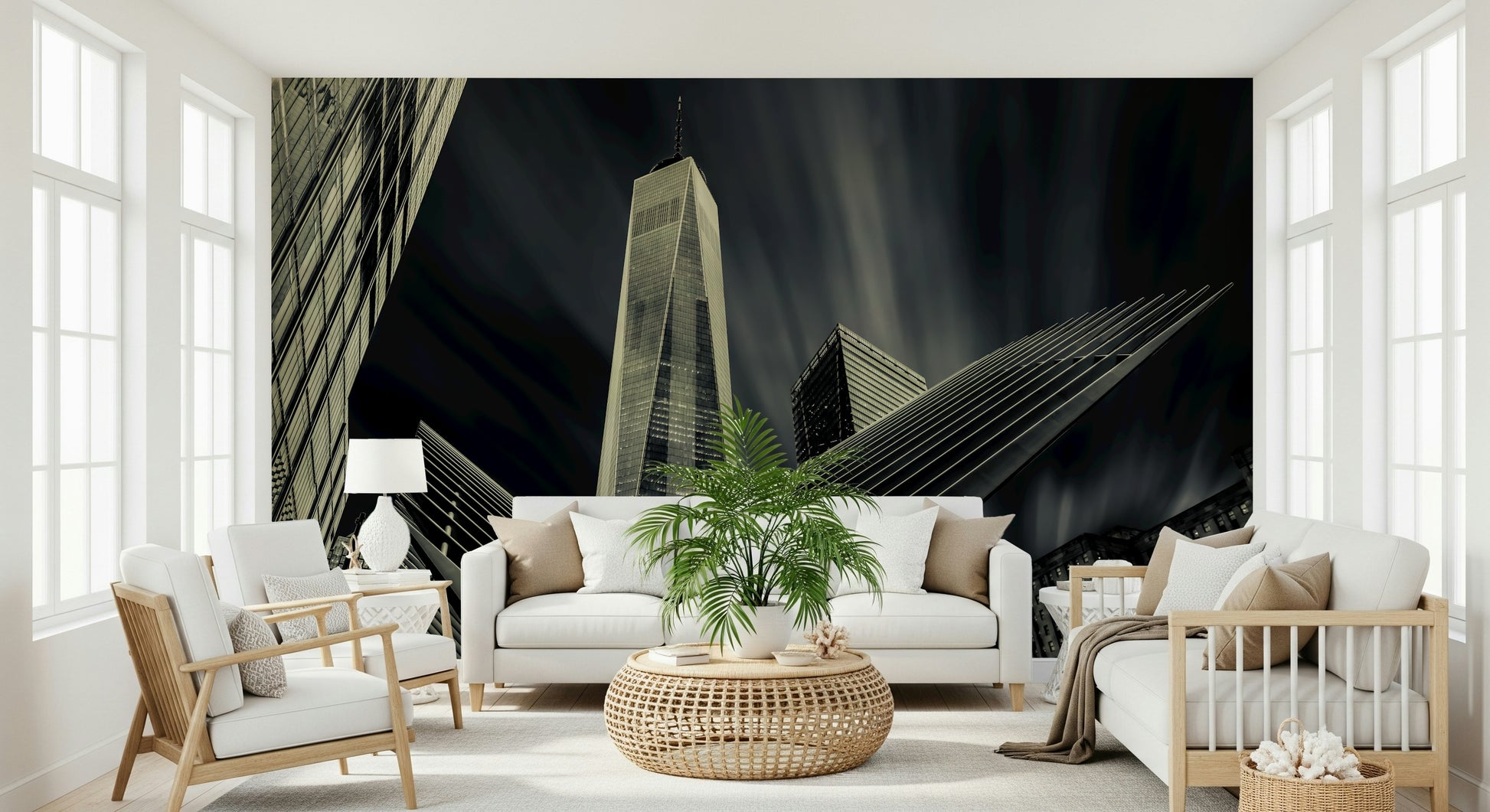 Wallpaper depicting NYC skyline with towering buildings in a dramatic urban composition.