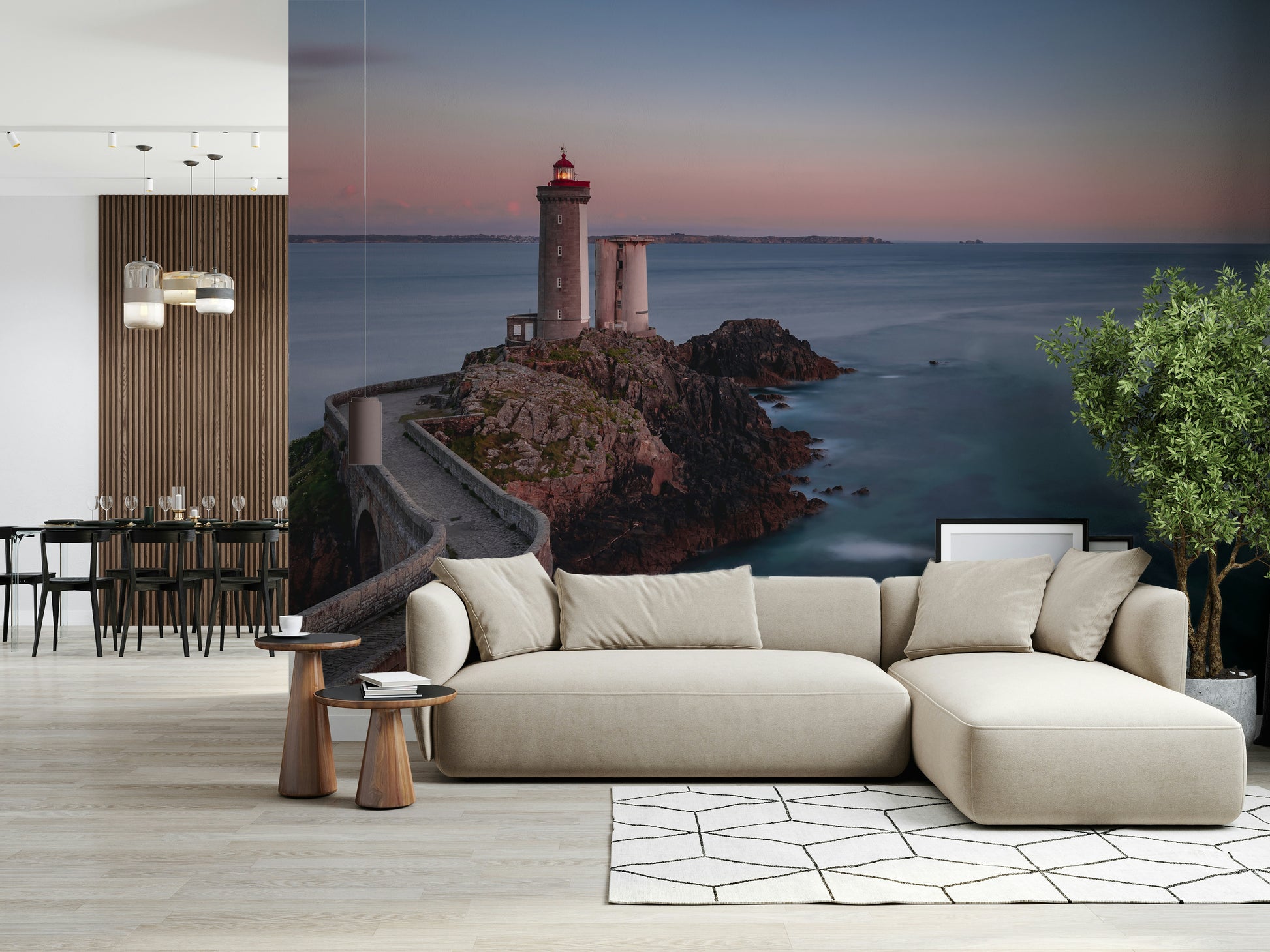 Coastal Beacon Serenity Wall Mural — serene lighthouse and calm coastal scenery for a relaxing space.