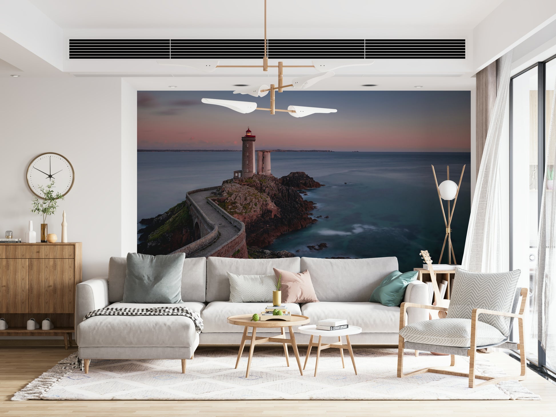 Decorative mural featuring a coastal lighthouse amidst soft, calming seascapes.