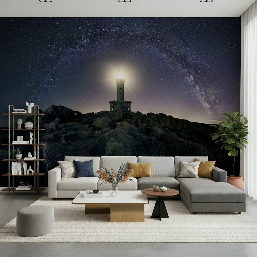 Wall mural depicting a lighthouse beacon shining through a starry, celestial backdrop.