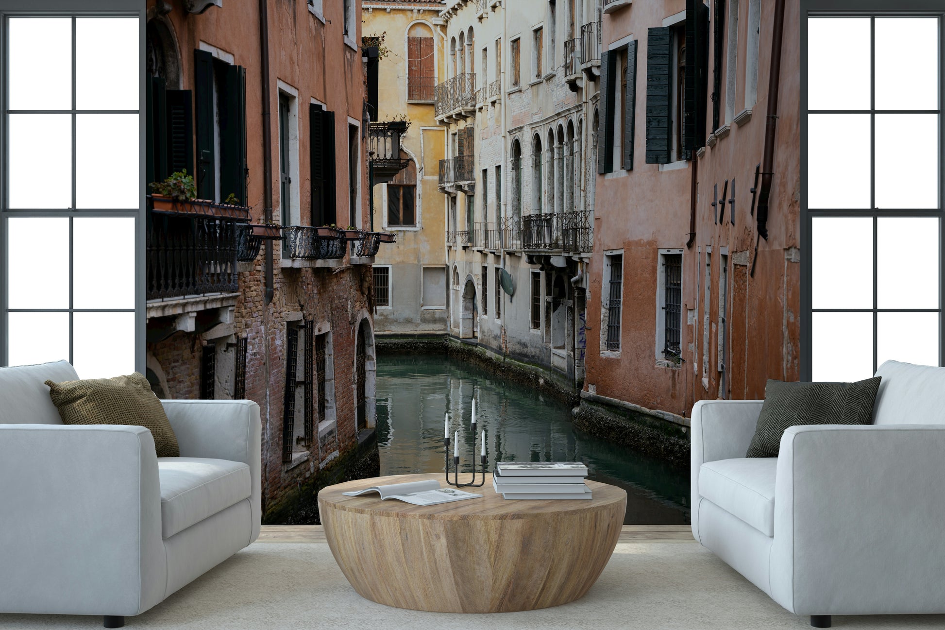 Decorative mural featuring reflections of colorful Venetian facades on calm water.