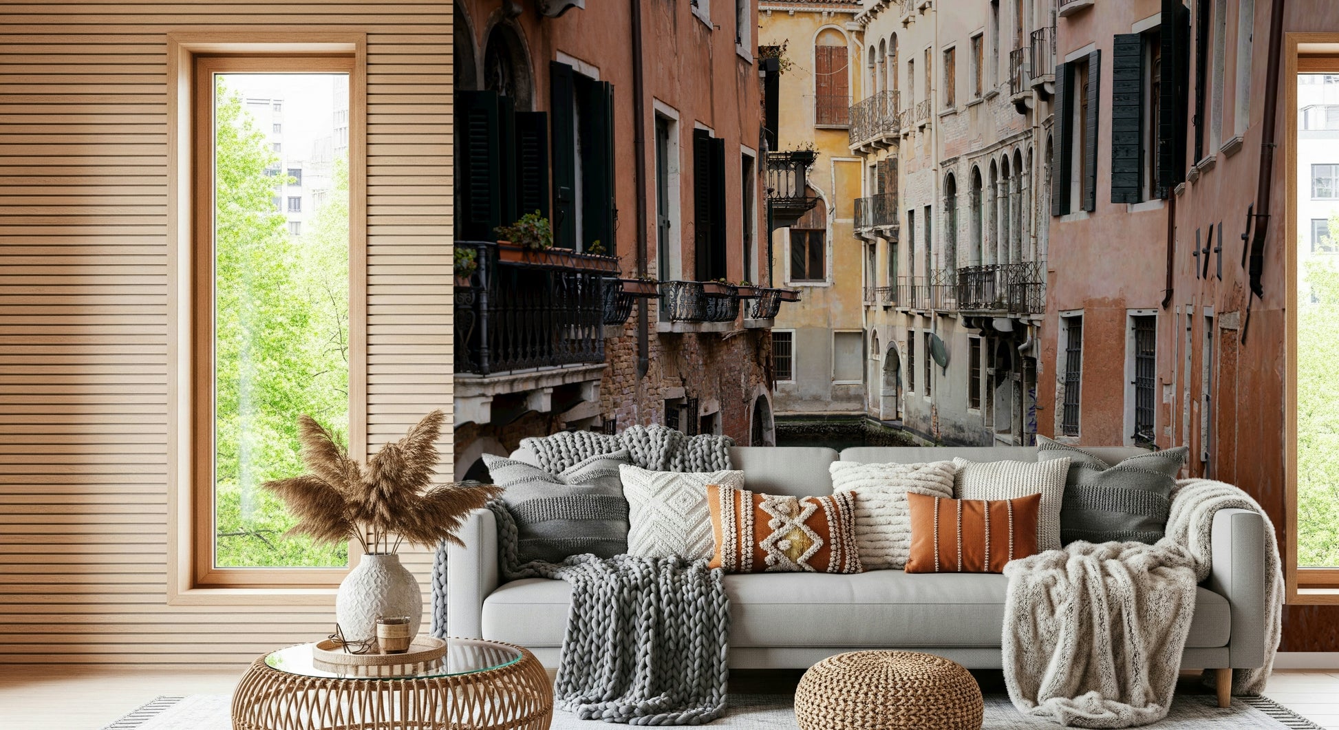 Scenic wallpaper with Venetian waterways and historic buildings in soft natural light.