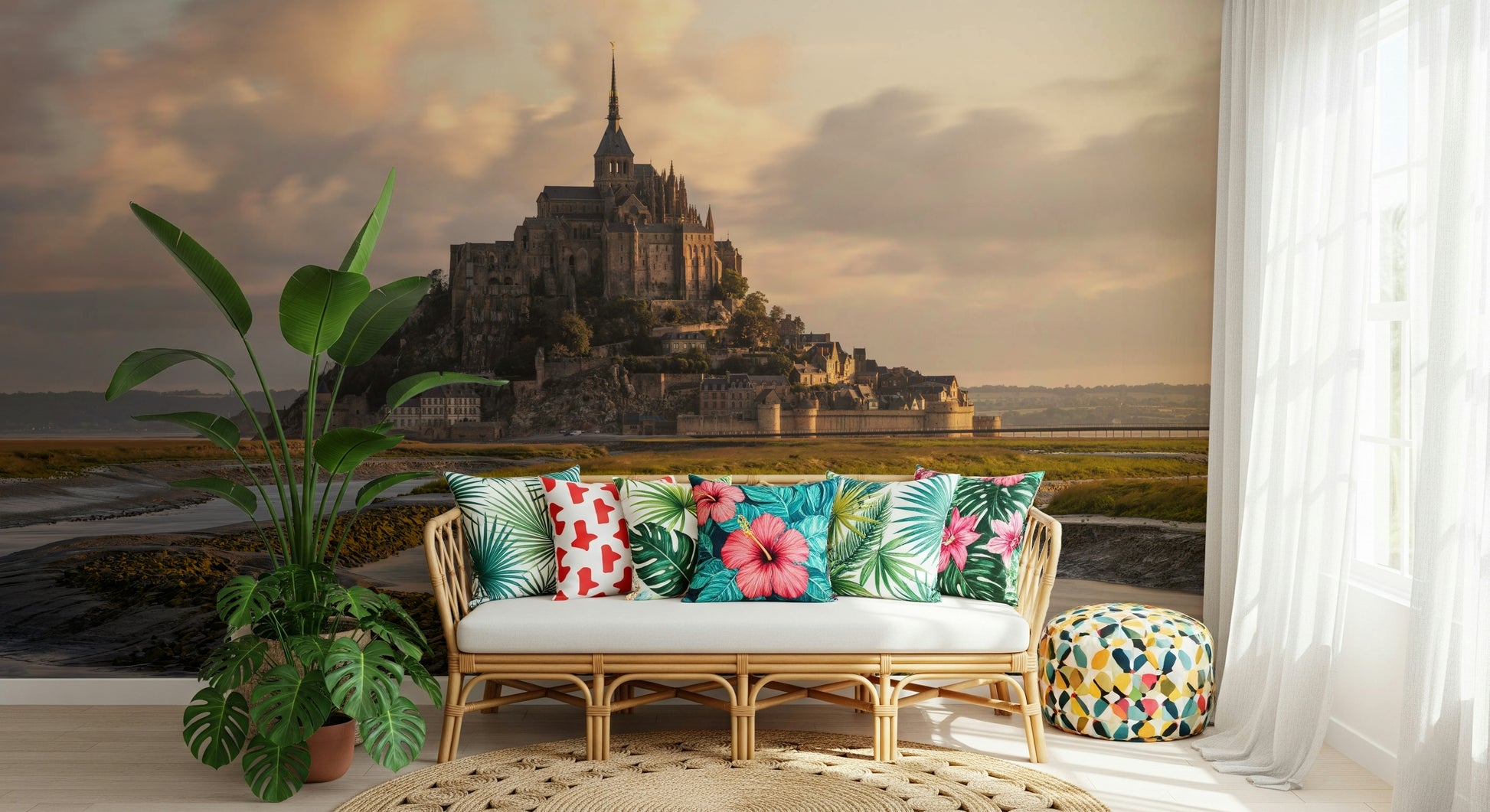 Decorative mural featuring the majestic abbey of Mont Saint-Michel at sunrise.