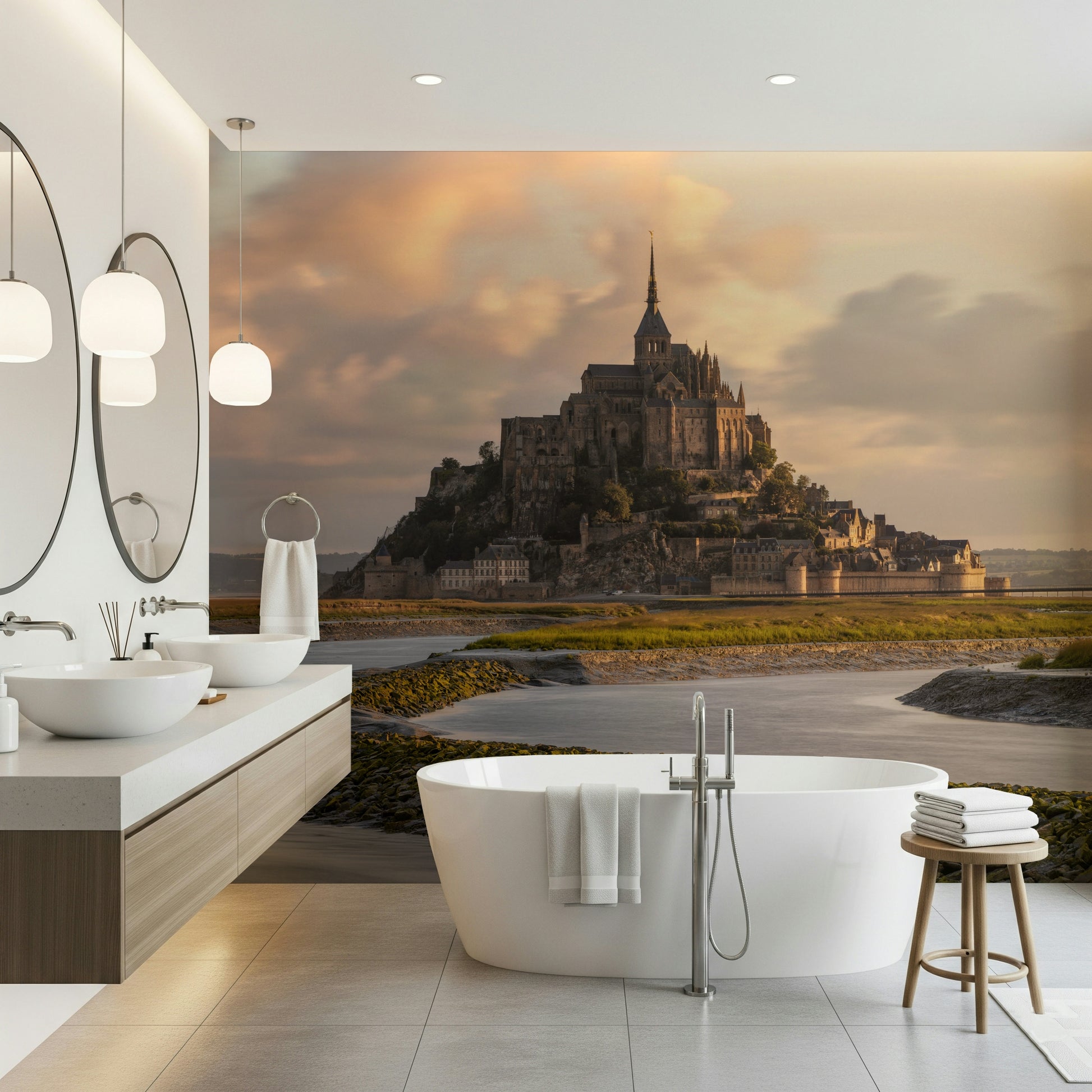Wall mural depicting Mont Saint-Michel at first light with serene reflections.