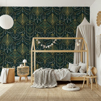 Art Deco-inspired wall mural with emerald and gold triangular and fan motifs.