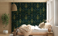 Emerald and gold Art Deco wallpaper with layered geometric shapes for elegant home decor.