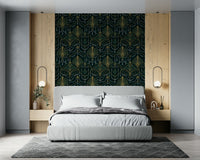 Abstract Art Deco wallpaper with emerald triangles, fans, and gilded outlines.