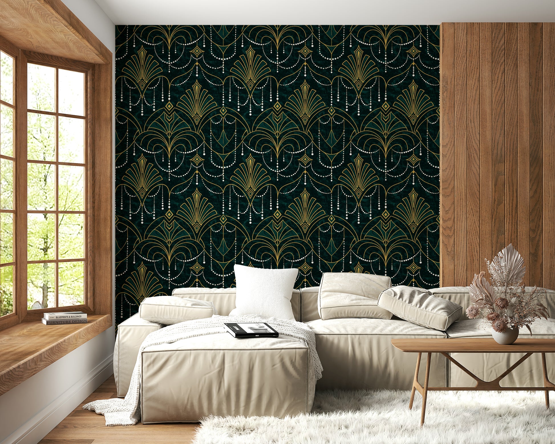 Modern deco wallpaper combining rich emerald hues and metallic gold accents for a luxurious look.