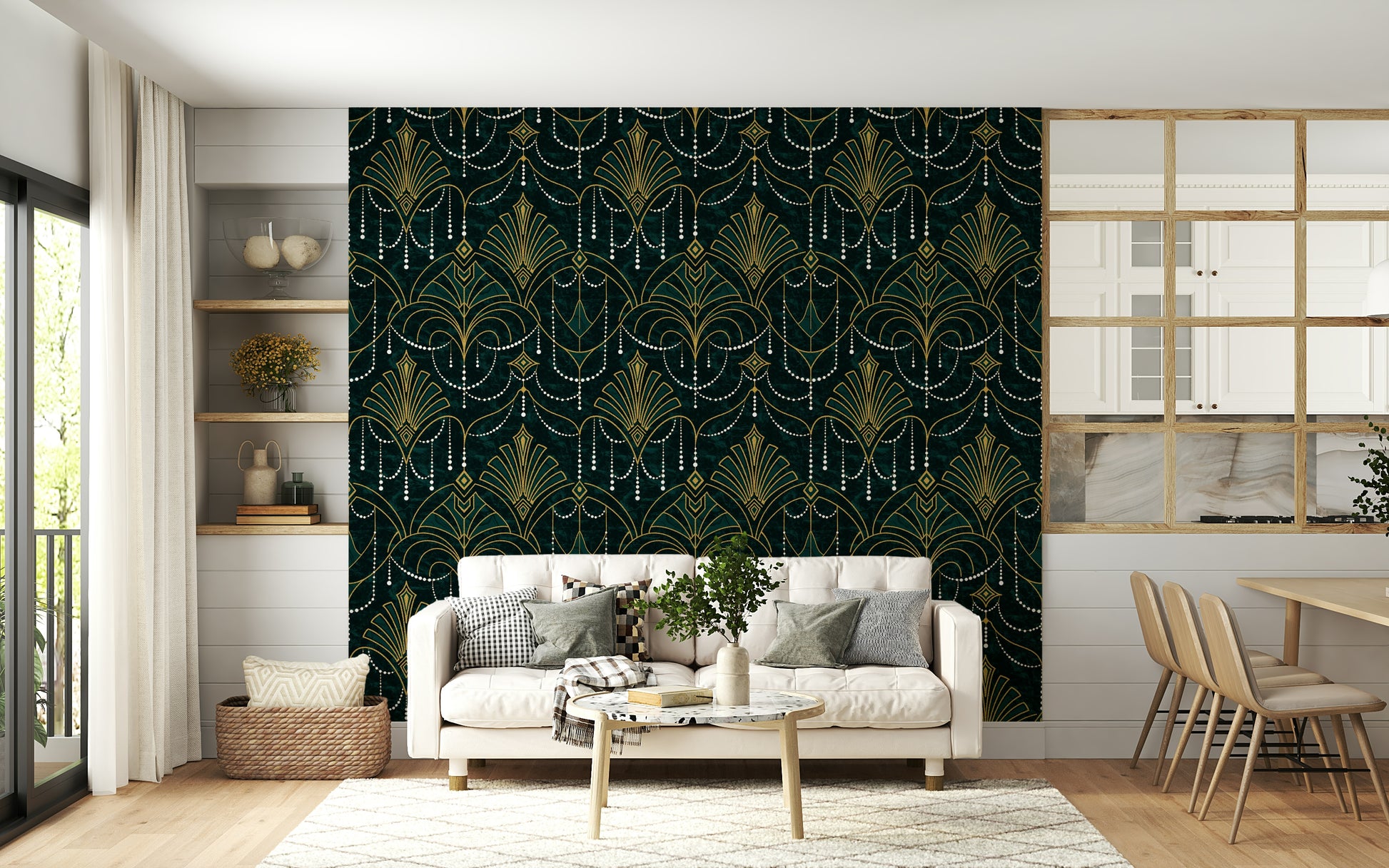 Stylish wall mural with emerald green shapes and gilded highlights in an Art Deco design.