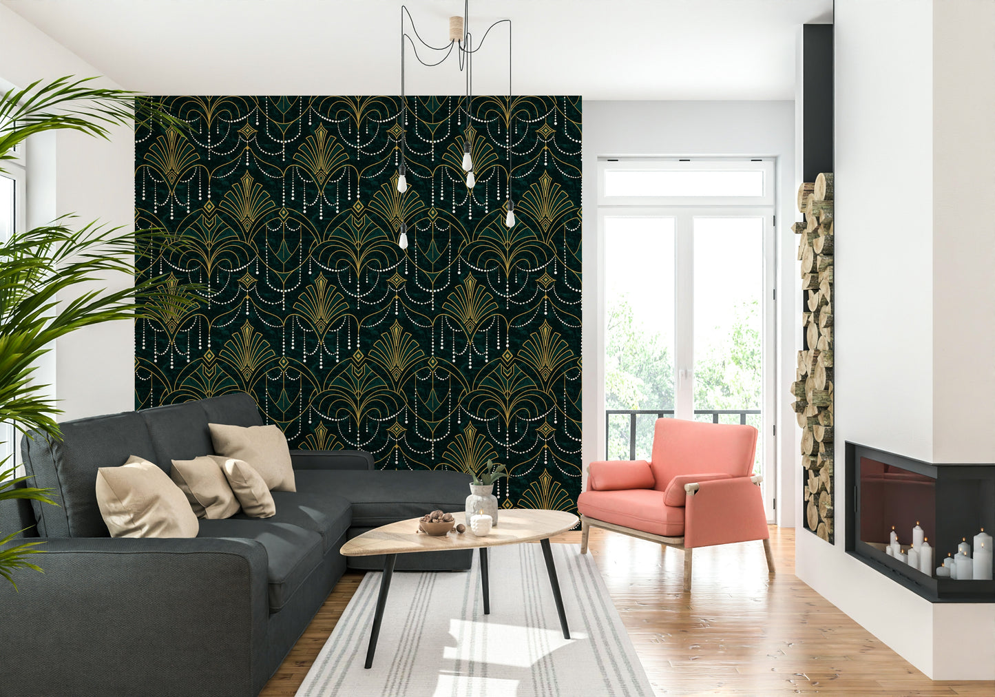 Luxurious emerald green and gold geometric wallpaper for upscale modern interiors.