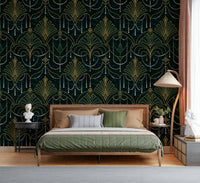 Gilded Emerald Deco Wallpaper featuring luxurious emerald green geometric patterns with gold accents.