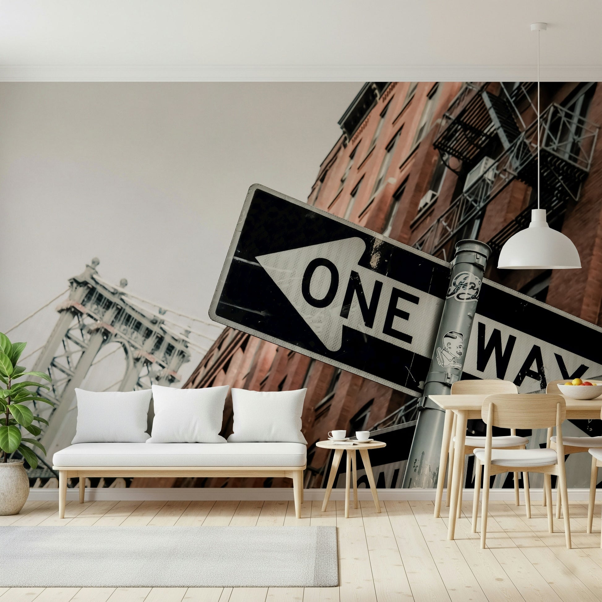Wall mural with Brooklyn cityscape, street signs, and urban textures for modern interiors.