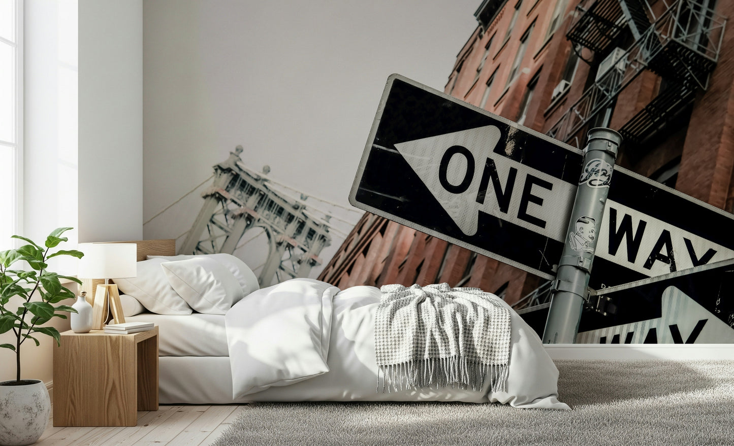 City-inspired wallpaper depicting Brooklyn streets, buildings, and traffic signs.