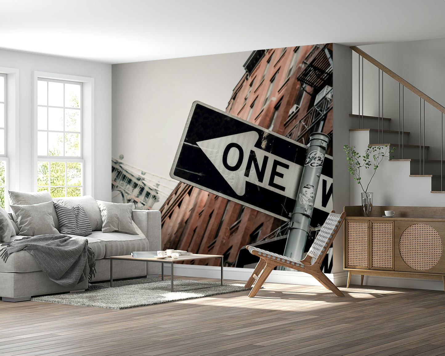 Wall mural depicting lively Brooklyn streets with classic city textures and signs.
