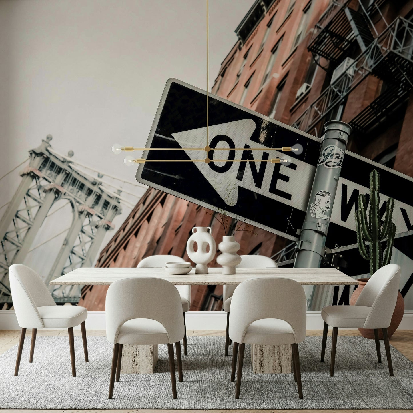 Brooklyn-inspired wallpaper with a “One Way” street sign and urban landscape.