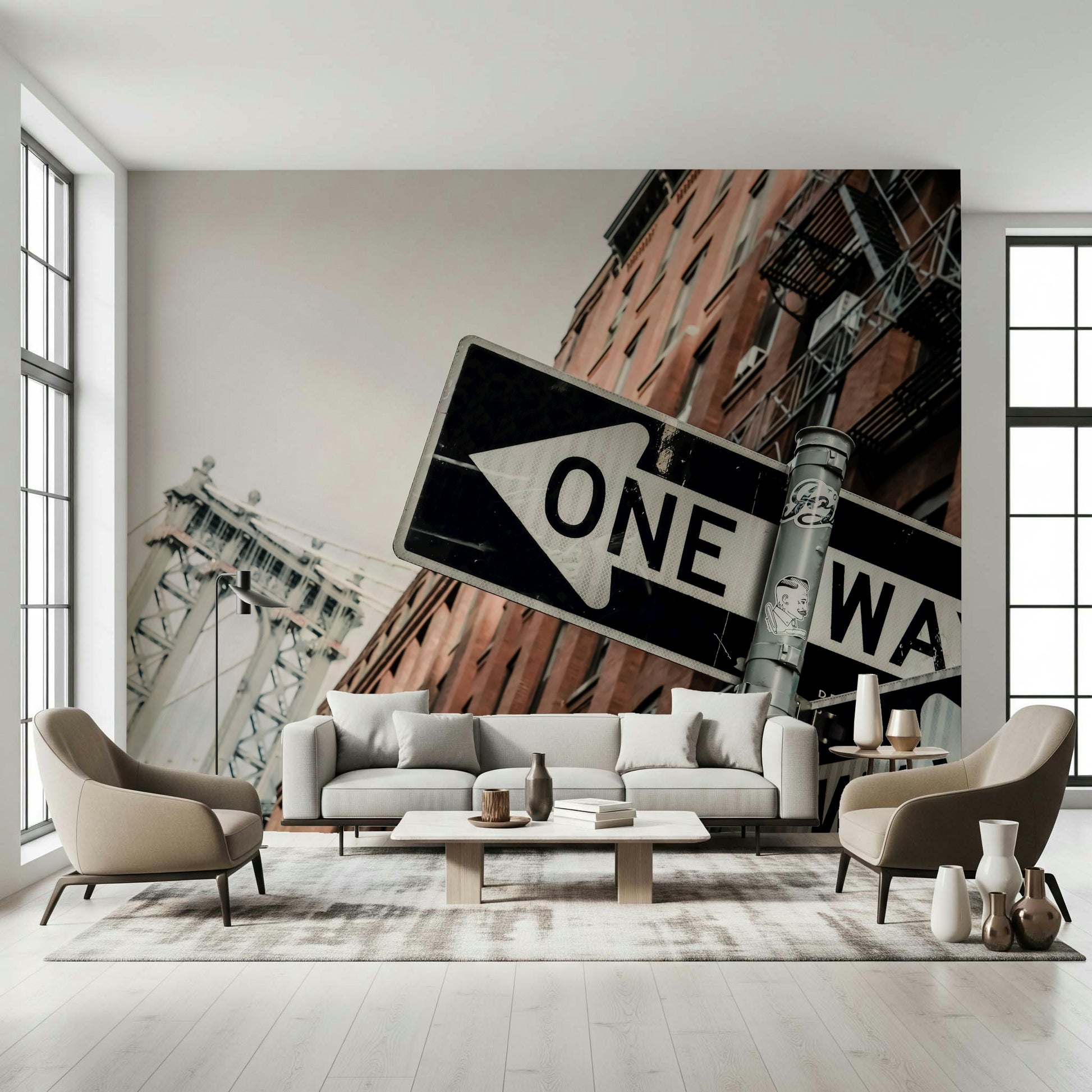 Decorative wall mural showcasing a bustling Brooklyn street with “One Way” signage.