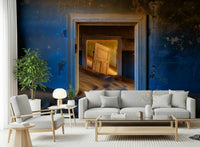 Vintage-inspired wallpaper with deserted rooms creating a mysterious, nostalgic vibe.