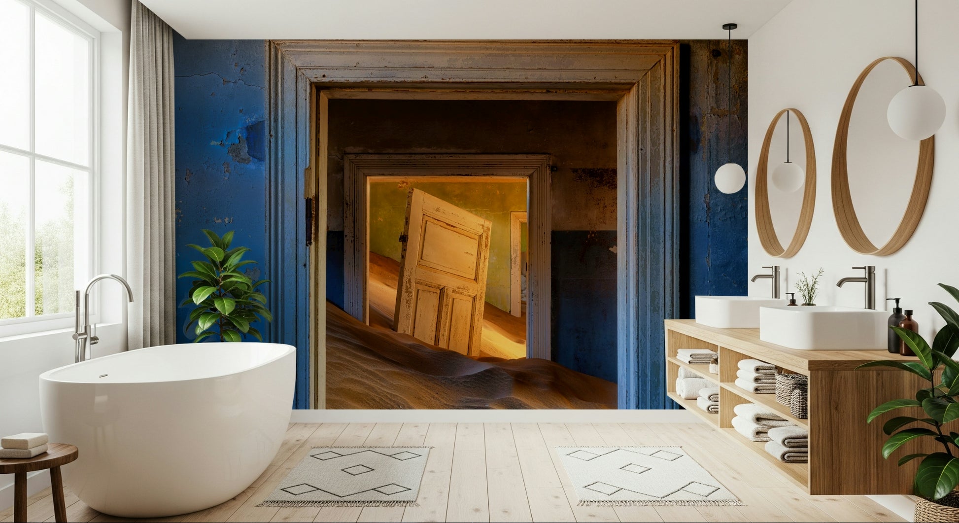 Decorative wall mural showcasing empty, vintage rooms with a haunting, atmospheric look.