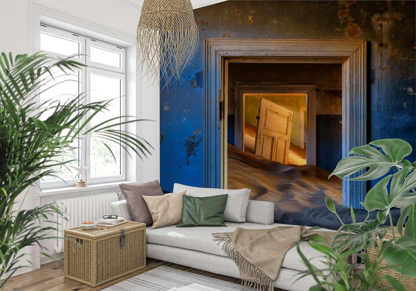 Wall mural depicting empty, forgotten spaces with subtle light and shadow details.