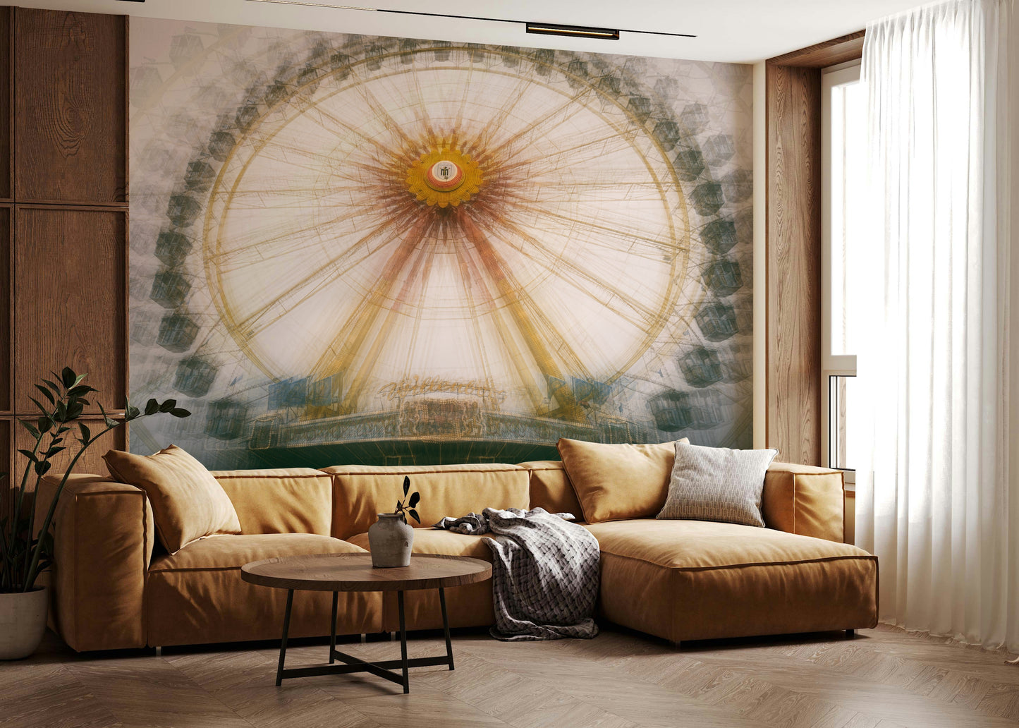 Golden Ride Wall Mural – Scenic mural featuring a bicycle bathed in golden sunlight, evoking warmth and nostalgia.