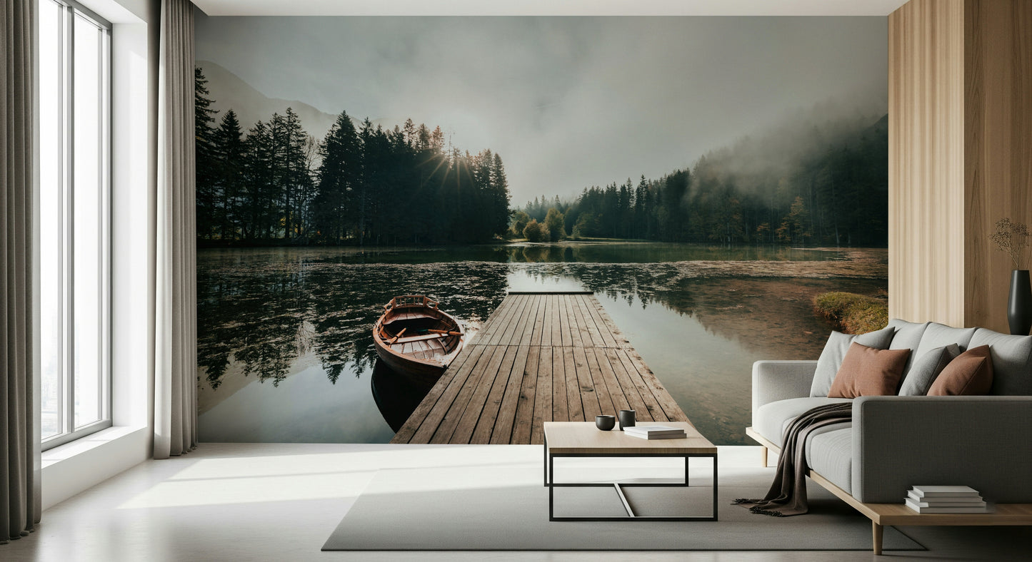 Seaside Dock Wall Mural – Tranquil mural featuring a pier stretching into still waters under a soft morning sky.