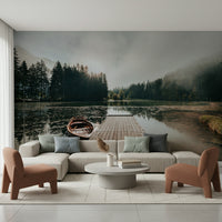 Harbor Sunrise Wall Mural – Serene mural capturing a wooden dock bathed in golden dawn light.