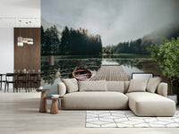 Peaceful Pier Wall Mural – Calm and dreamy mural featuring a wooden dock leading into soft, golden dawn light.