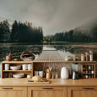 Ocean Dock Wall Mural – Scenic waterfront view with sunrise glow illuminating the dock and gentle waves.