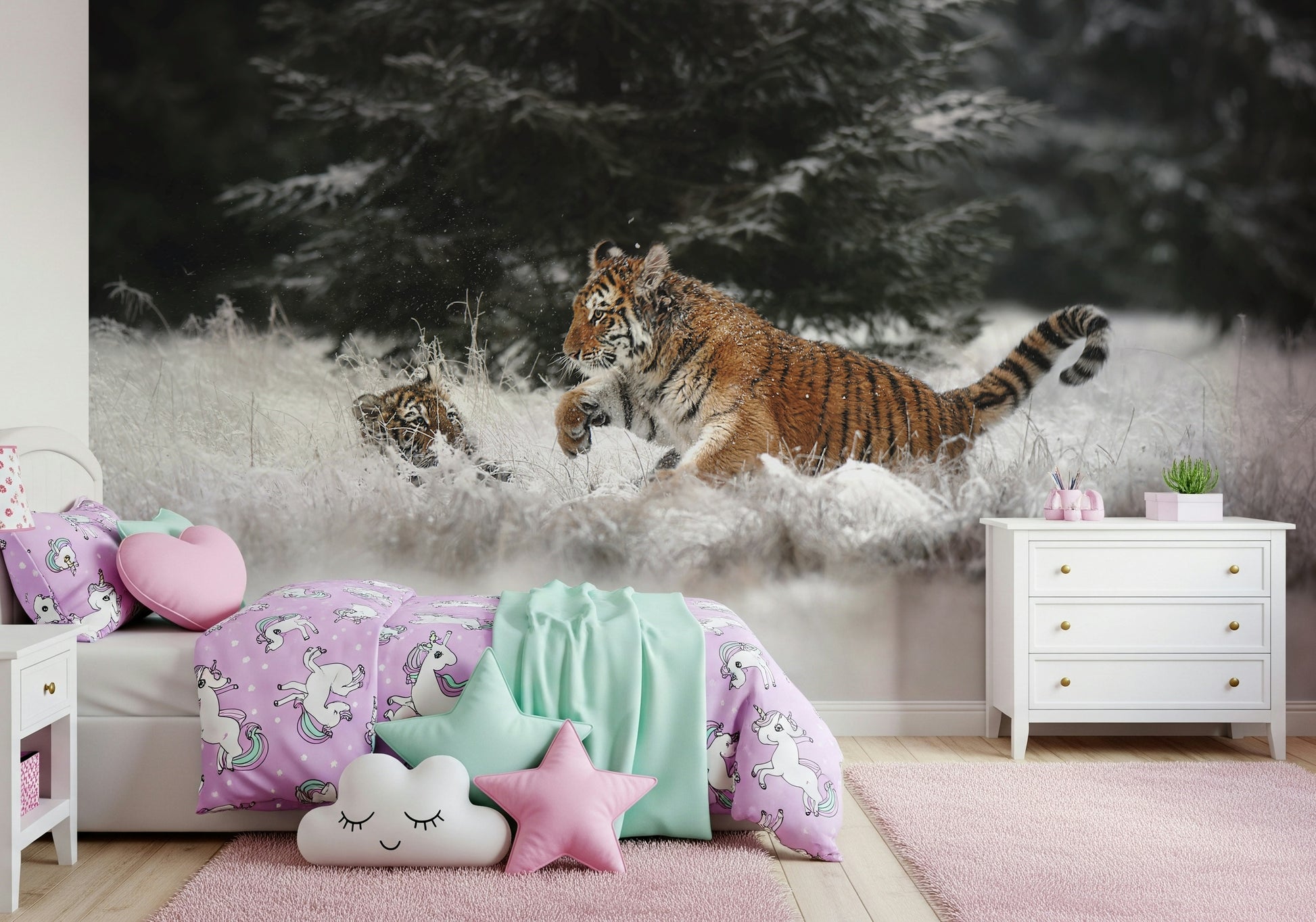 Young Tigers in Snow Wall Mural – Engaging mural featuring the joy and energy of tiger cubs during winter play.