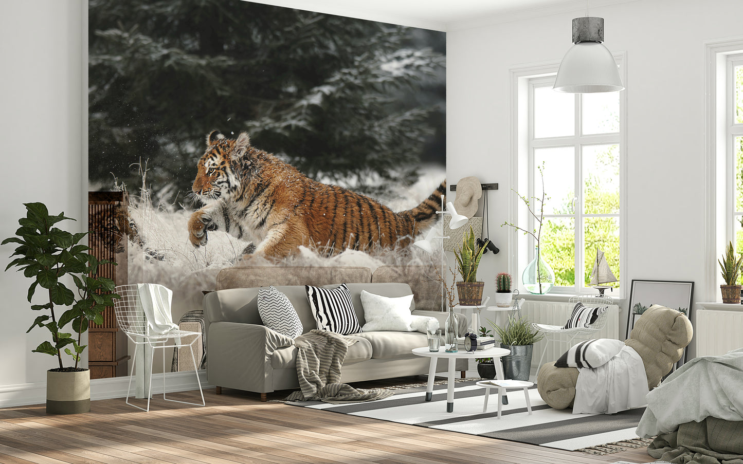 Tiger Family Wall Mural – Adorable tiger cubs interacting in a winter landscape for a heartwarming wildlife scene.