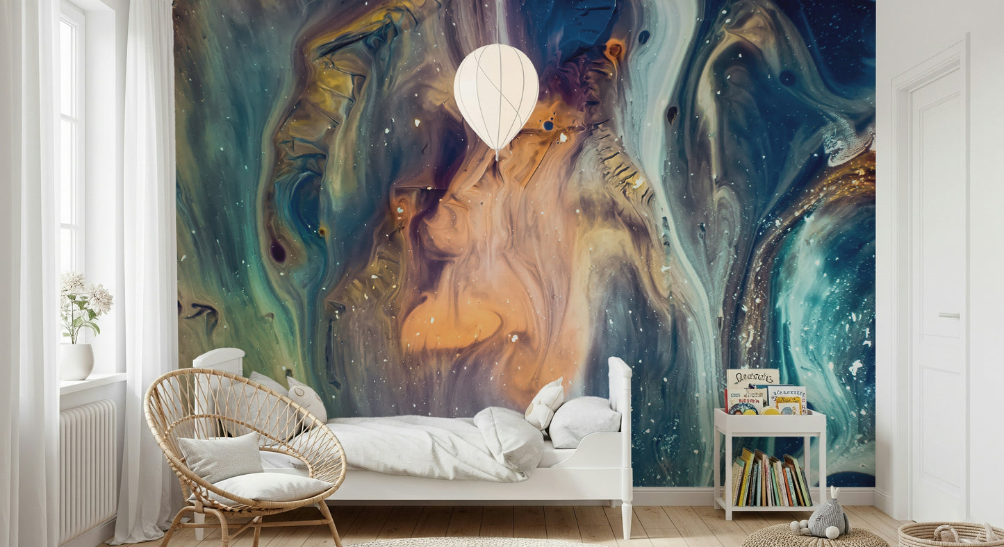 Galactic Abstract Wall Mural – Fluid universe-inspired mural with flowing cosmic patterns in rich, vivid hues.