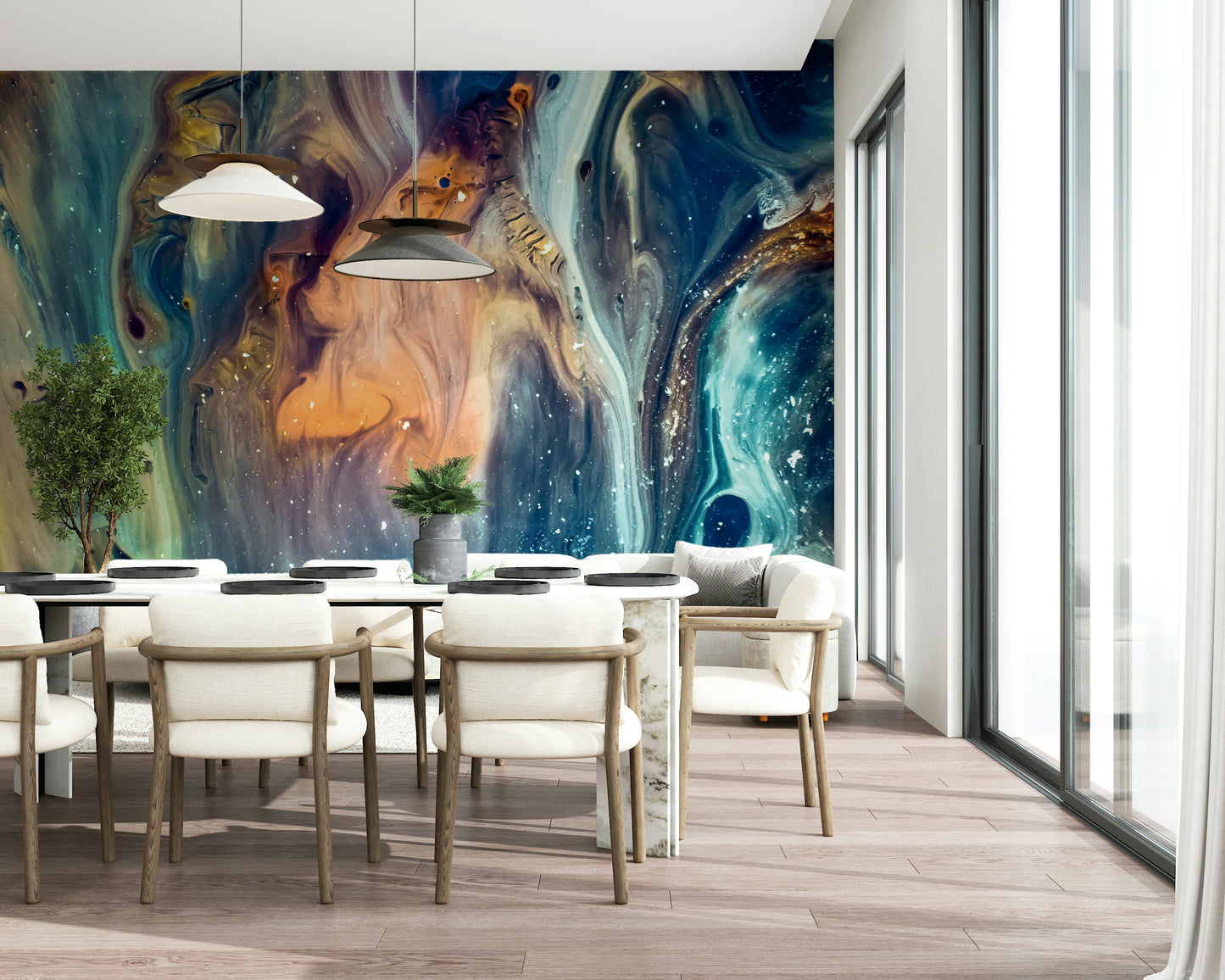 Fluid Space Artwork Wall Mural – Dynamic mural blending stars, nebulae, and flowing abstract patterns for a cosmic feature wall.