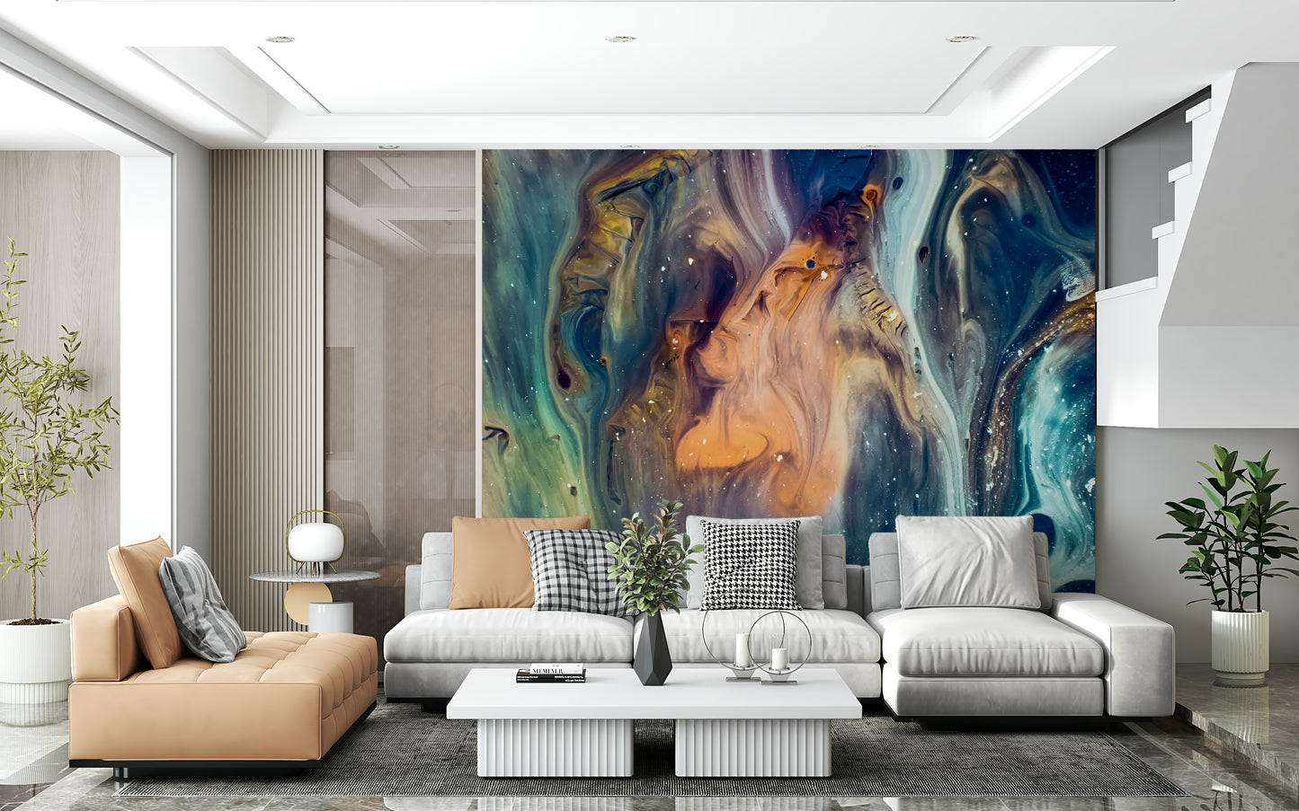 Universe in Motion Wall Mural – Energetic mural showing planets, stars, and nebulae blending in abstract fluid forms.