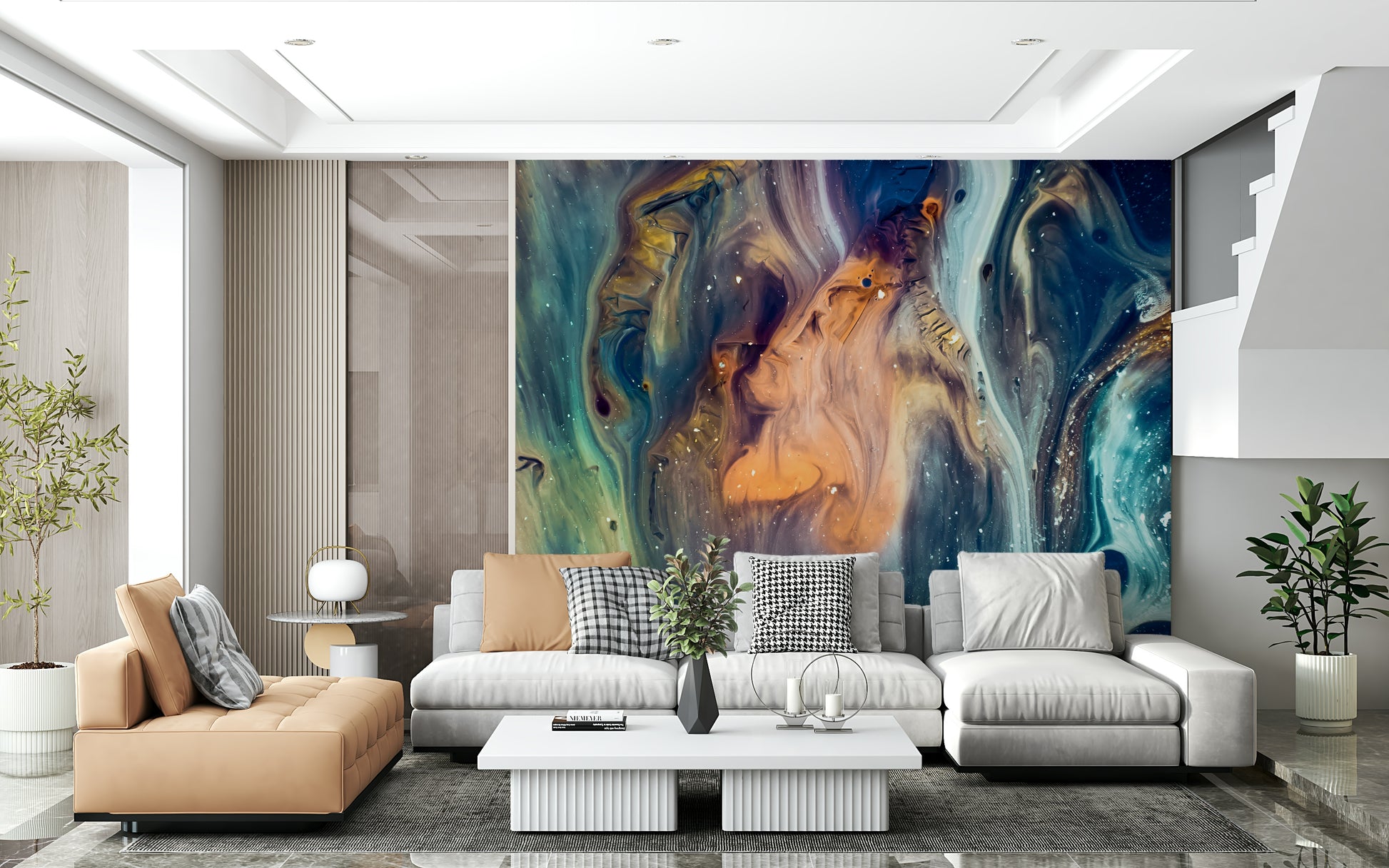 Universe in Motion Wall Mural – Energetic mural showing planets, stars, and nebulae blending in abstract fluid forms.