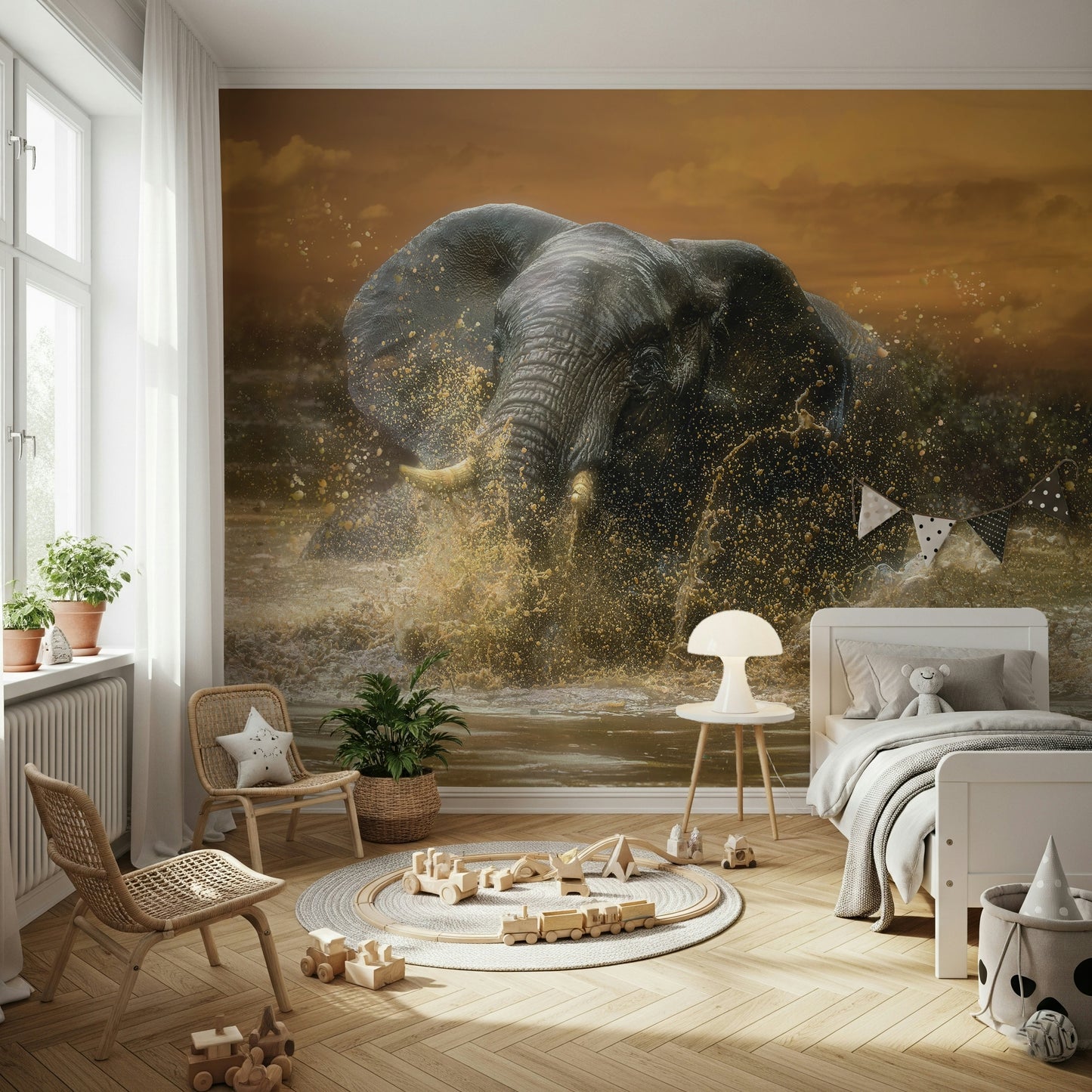 Serene Wildlife Wall Mural – Calm yet lively elephant scene perfect for wildlife and safari-themed interiors.