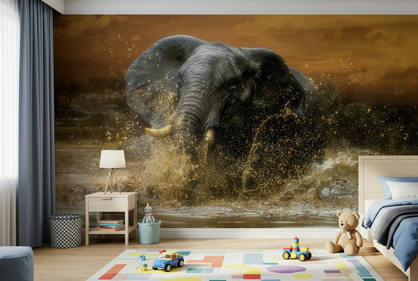 Nature and Elephants Wall Mural – Majestic elephants in a tranquil environment, ideal for nature-inspired décor.