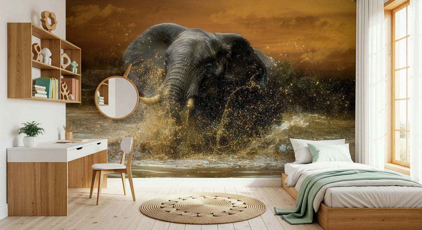 Elephants in Water Wall Mural – Lifelike depiction of elephants enjoying a refreshing plunge in a calm setting.