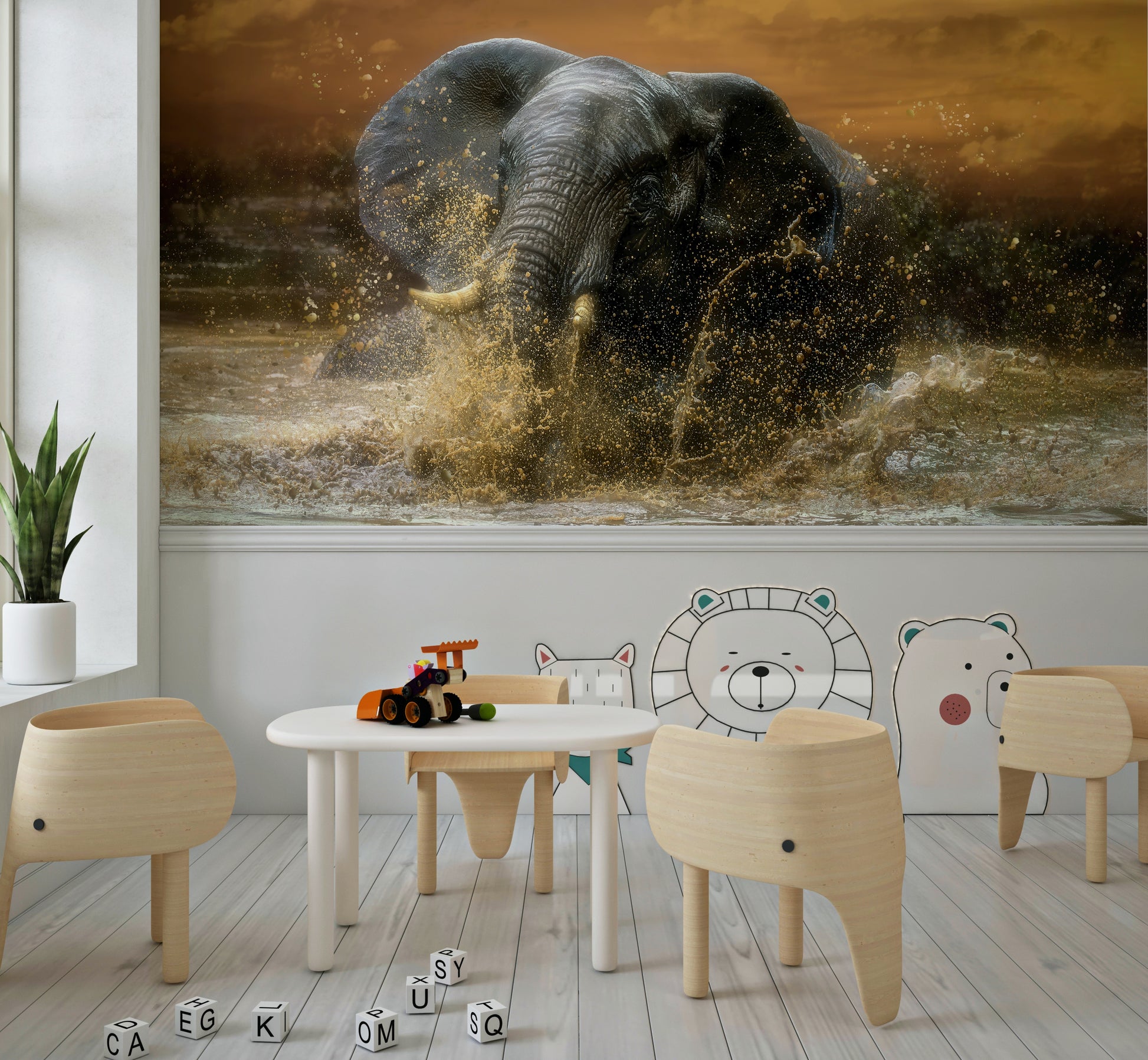 Elephant Plunge Wall Mural – Majestic elephants bathing in a serene waterhole, capturing wildlife in action.