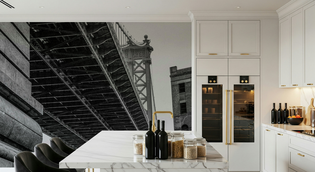 Urban Arch: Black & White Bridge Wall Mural – Striking mural of a modern bridge in black and white, emphasizing urban architectural lines.