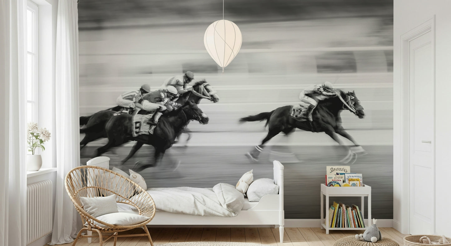 Thoroughbred Racing Wall Mural – Detailed mural featuring jockeys riding powerful horses during a competitive race.