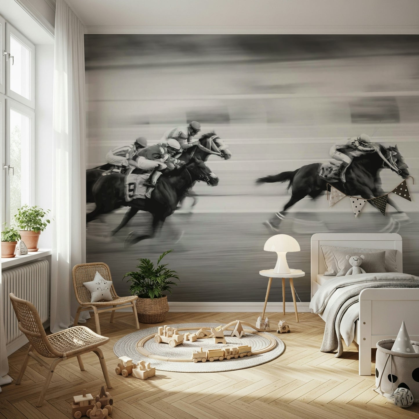 Fast-Paced Horse Race Wallpaper – Lively depiction of galloping horses on a racetrack for a dramatic wall feature.