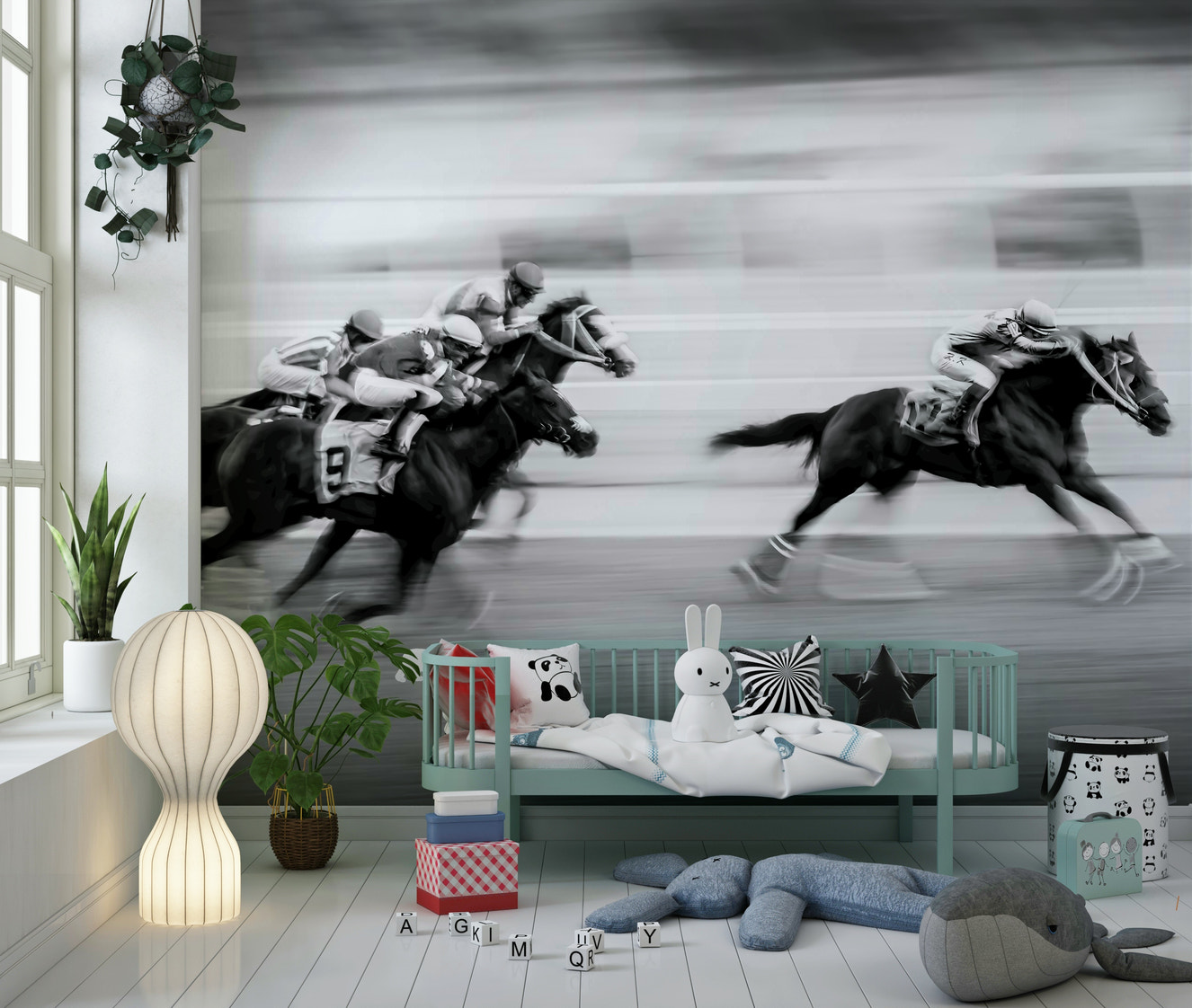 Horse Race Thrill Wallpaper – Dynamic mural depicting horses racing at full speed, capturing energy and motion.