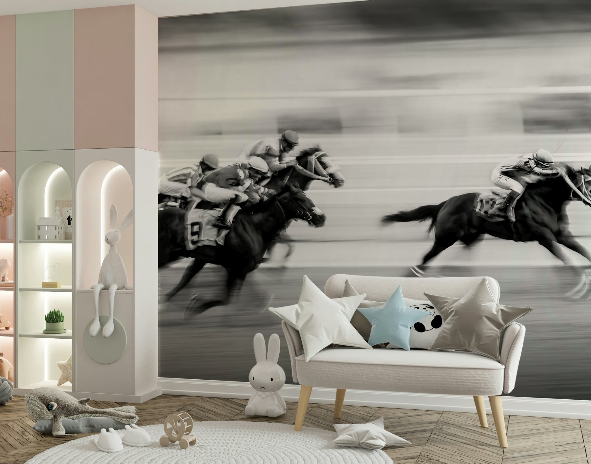 Dynamic Horse Racing Wallpaper – Energetic mural showing horses in mid-gallop with motion blur effects.