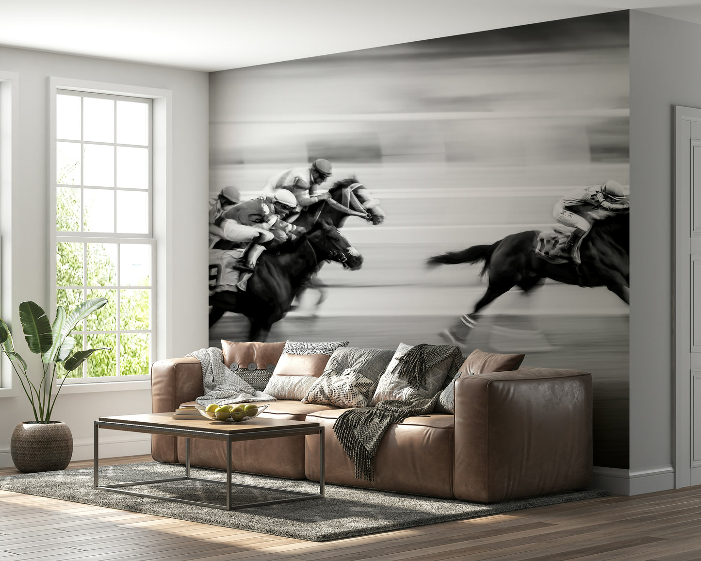 Equestrian Speed Wall Mural – Action-packed horse racing scene conveying excitement and motion.